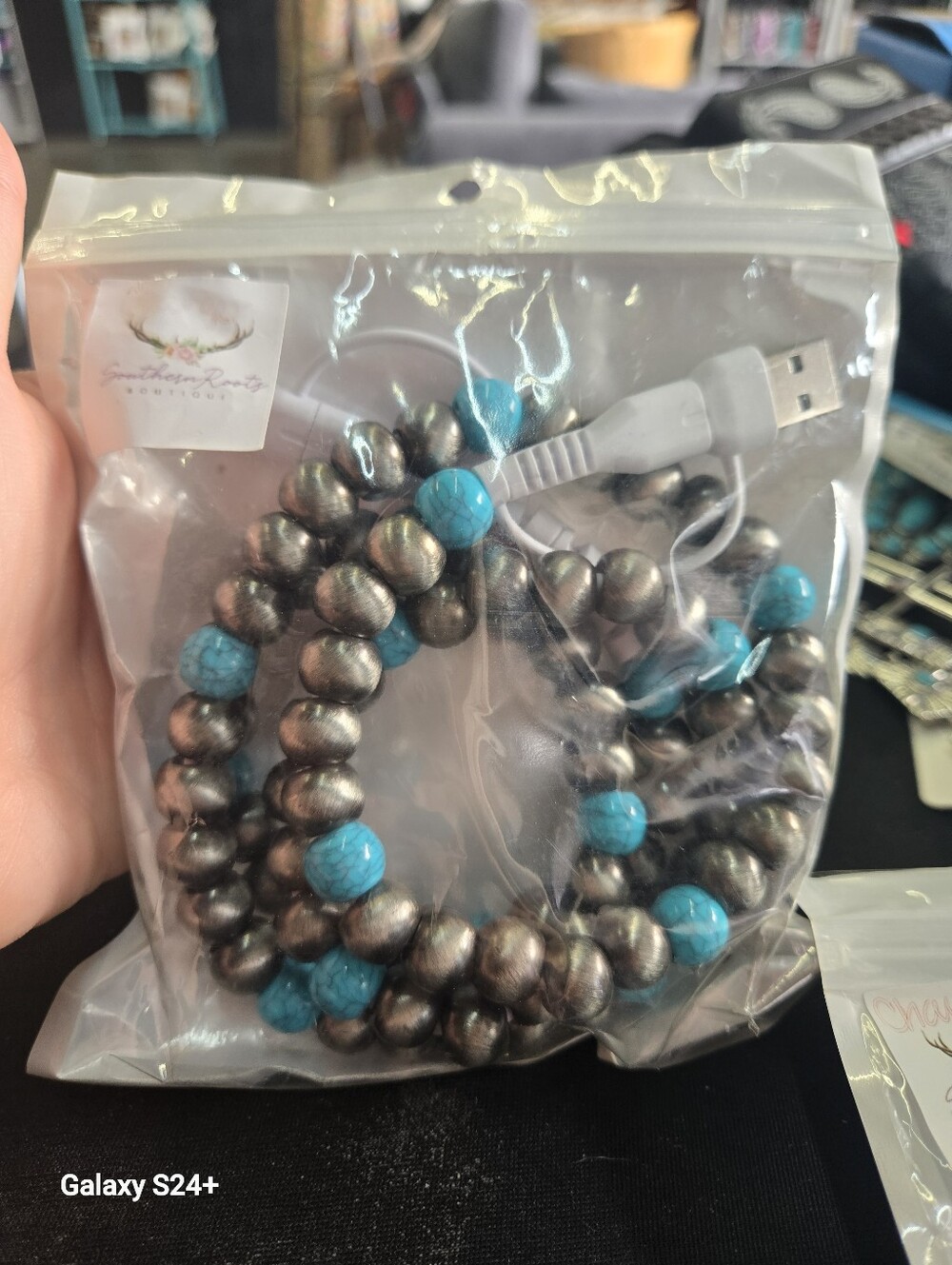 Turquoise and Metallic Beaded USB Charging Cord